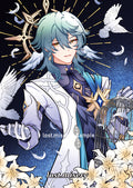 Animated character with blue hair and star-themed outfit against a dark background with birds and flowers.
