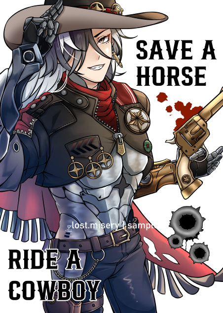 Illustration of a cowboy character with a gun, text 'Save a Horse, Ride a Cowboy', and a bloodstain on a white background.